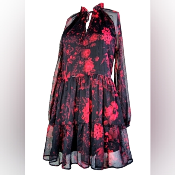 NWOT H&M Red & Black Floral Georgette / Spring Dress & Sheer Long Sleeves Size 8 - Picture 2 of 10